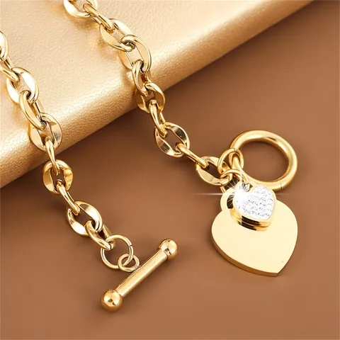 Bracciale In Acciaio Inossidabile Con Pendente Doppiocuore E Zirconi Chiusura A Barra Catena A Maglie Gioielli Donna