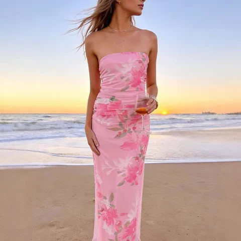 Abito Lungo Senza Spalline Mesh Arricciato Bodycon Stampa Floreale Slim Fit Estate Spiaggia Vacanze Party Sexy Per Donna