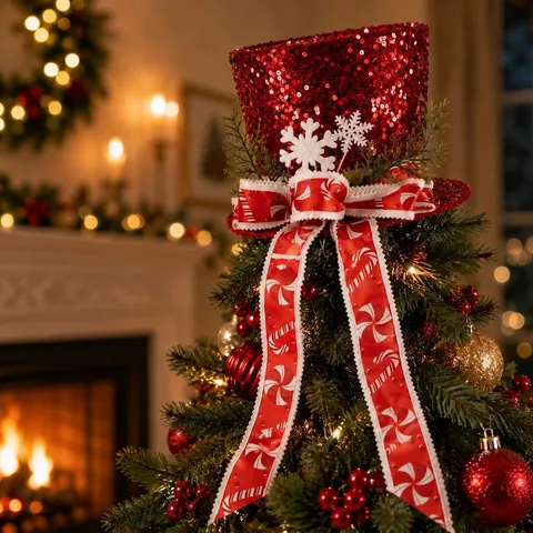 Christbaumspitze Roter Pailletten Zylinder Dekoration Mit Gestreifter Schleife Schneeflocke Kiefernadel Festlicher Schmuck