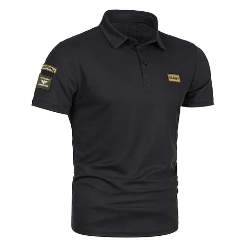 Men's Casual Military Style Polo Shirt With Tactical Icon Patches Embroidered Short Sleeve Polyester Breathable Lapel Top