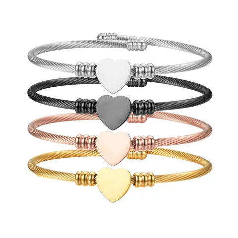 Fashion Titanium Steel Heart Open Cuff Bracelet Woven Cable Wire Bangle For Women Personalized Trendy Jewelry Gift Accessory