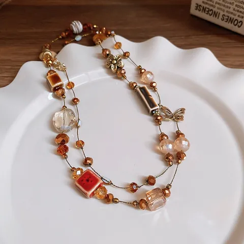 Collana Lunga A Catena Per Maglione Con Perline Vintage Lega Ceramica Cristallo Farfalla Fiore Fascino Boho Per Donne
