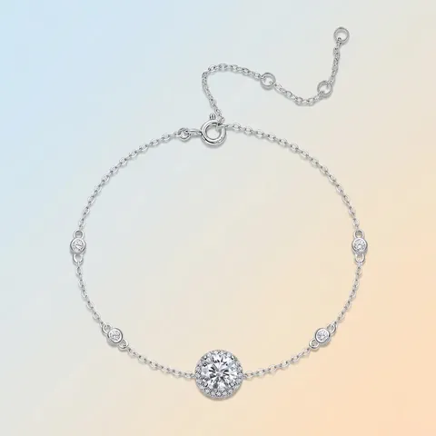 925 Sterling Silver 1ct Moissanite Bracelet For Women Round Halo Adjustable Chain Bracelet Fine Jewelry With GRA Certificate
