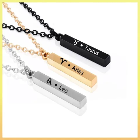 Twelve Zodiac Constellation Necklace Stainless Steel Square Bar Pendant Minimalist Jewelry For Men Women Fashionable Gift
