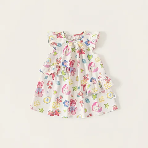 Abito in Cotone Estivo per Neonata Bambina Dolce Stampa Floreale Cartoon Principessa A-Line Senza Maniche Volant Abbigliamento Bambini