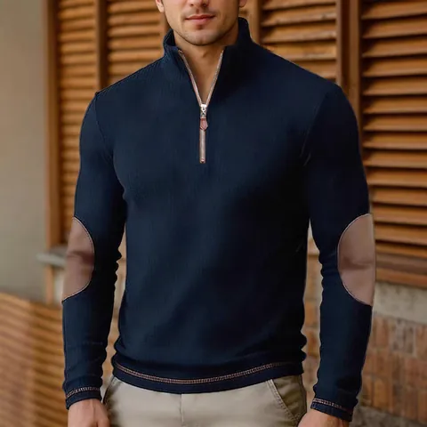 Heren Vintage Geribde Gebreide Pullover Met 1/4 Rits Opstaande Kraag En Contrast Elleboogstukken Casual Lange Mouw