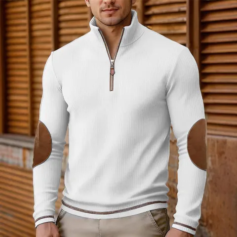 Heren Vintage Geribde Gebreide Pullover Met 1/4 Rits Opstaande Kraag En Contrast Elleboogstukken Casual Lange Mouw