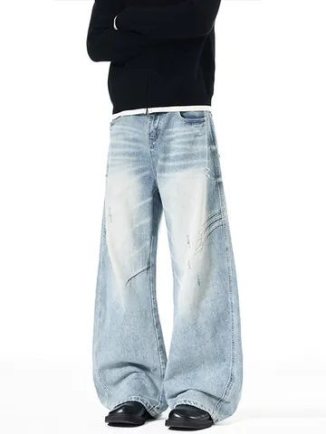 Heren American Retro Losse Curved Leg Jeans Verweerd Gekrast Gescheurd Geplooid Katoenmix Denim Wijde Broek Streetwear