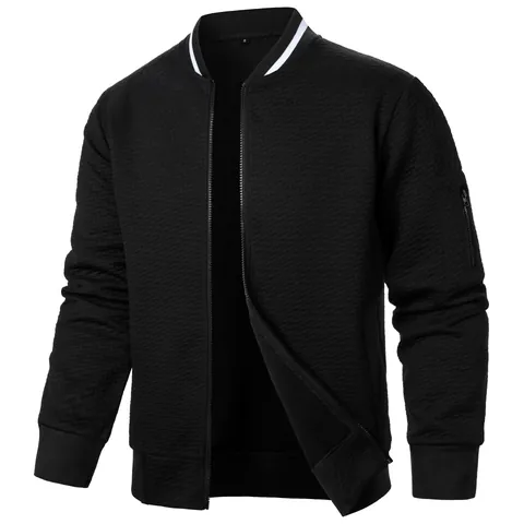 Giacca Bomber Casual da Uomo Texture a Rombi Cerniera Intera Colletto Rialzato Con Strisce Bianche Tasca sulla Manica