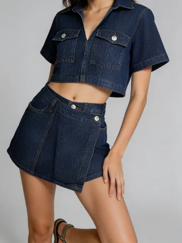 Dames Denim Wash Blue Short Sleeve Crop Jacket En Asymmetrische Mini Rok Workwear Style Casual Zomer Outfits