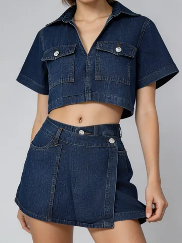 Dames Denim Wash Blue Short Sleeve Crop Jacket En Asymmetrische Mini Rok Workwear Style Casual Zomer Outfits