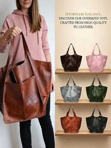 Women Oversized Tote Bag Soft PU Leather Slouchy Shoulder Bag Retro Large Capacity Minimalist Handbag Commuter Travel Vintage Style