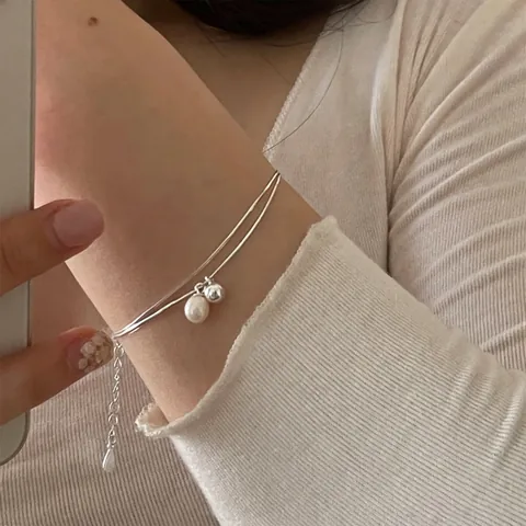 Minimalist Double Layer Bracelet S925 Sterling Silver Natural Freshwater Pearl Silver Bead Jewelry For Women Trendy