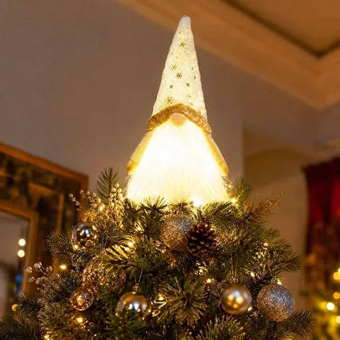 Puntale per Albero di Natale con Luce LED Gnomo Senza Volto Peluche Bianco Con Fiocco di Neve Oro Per Decorazione Casa Festa Natale