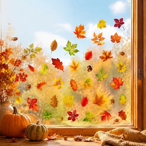 Autumn Thanksgiving Window Clings Double Sided Static PVC Stickers Maple Leaves Pumpkins Gnomes Decals Holiday Home Decor