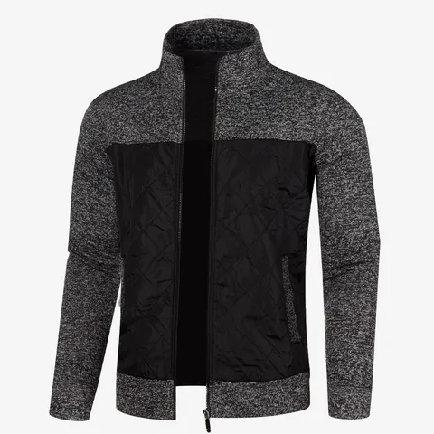 Men's Casual Zip Up Patchwork Jacket Stand Collar Diamond Quilted Knit Cardigan Fall Winter Warm Outerwear Top For Men