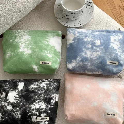 Sac À Maquillage En Toile Tie-Dye Trousse De Toilette Portable Fermeture Éclair Organisateur Cosmétique Pour Femmes Motif Marbre