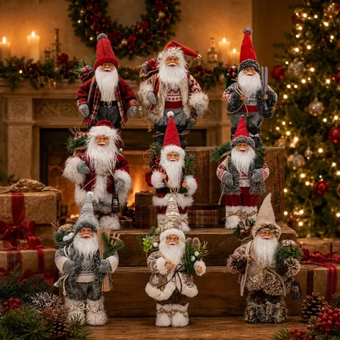 Standing Santa Claus Doll Figurine Plush Fabric Plastic Christmas Desktop Decoration Holiday Party Window Display Ornament