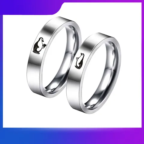 Anillos Banda Grabados Pingüino Corazón Acero Inoxidable Pulido Joyería Minimalista Parejas Hombres