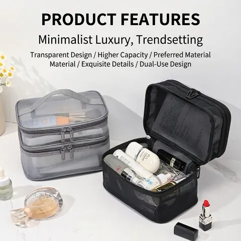 Double Layer Mesh Makeup Bag Large Capacity Portable Nylon Transparent Cosmetic Storage Case For Travel Toiletries