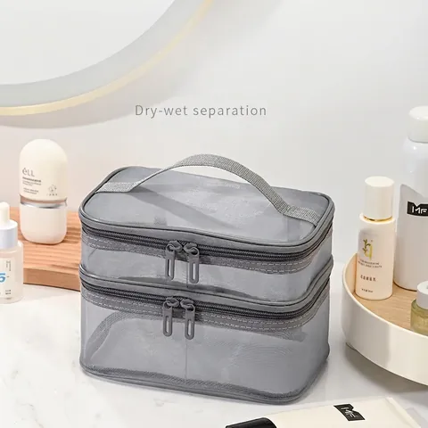 Double Layer Mesh Makeup Bag Large Capacity Portable Nylon Transparent Cosmetic Storage Case For Travel Toiletries
