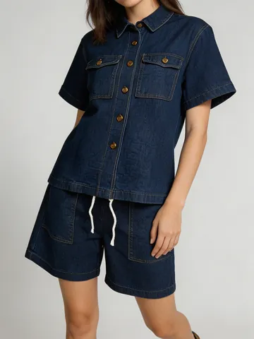 Dames Casual Washed Denim Twee Delige Shorts Set Vintage Korte Mouw Button Down Shirt En Hoge Taille Shorts Met Zakken