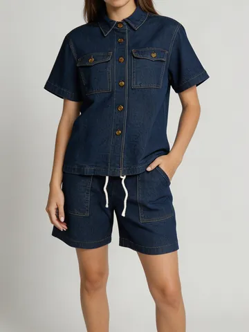 Dames Casual Washed Denim Twee Delige Shorts Set Vintage Korte Mouw Button Down Shirt En Hoge Taille Shorts Met Zakken