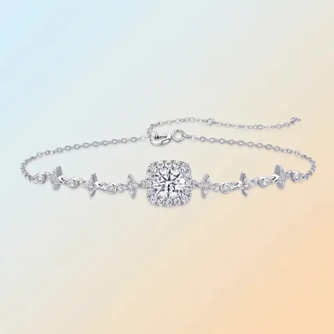 Bracelet en Argent Sterling 925 Moissanite pour Femme Design Halo Carré Étoile Ajustable Bijoux de Mode Luxe Léger