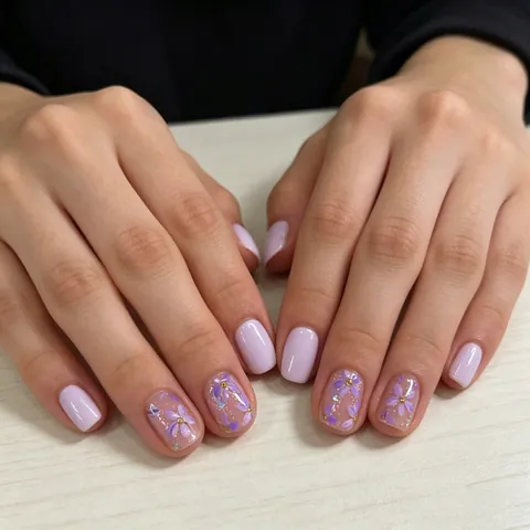 Short Square Press On Nails ABS Purple Floral Sweet Cute Style Artificial Fingernails For Women