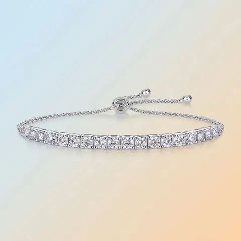 925 Sterling Silver Moissanite Tennis Bracelet For Women Sparkling Geometric Adjustable Slider Bracelet Elegant Jewelry Gift