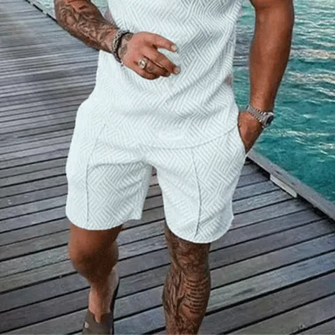 Men Summer Casual Outfit Top And Pants 3D Geometric Texture Beach Vacation Wear Lightweight Breathable Knitting T-Shirt And Shorts