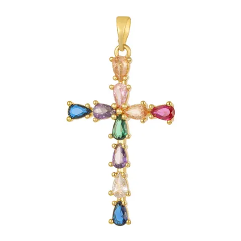 Vintage 18K Gold Plated Copper Cross Pendant With Colorful Cubic Zirconia Religious Jewelry Charm For Necklace Women Men
