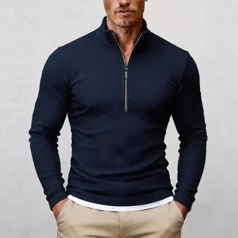Herren Business Casual Strickpullover Halber Reißverschluss Stehkragen Langarm Pullover Slim Fit Lagendesign Oberteil