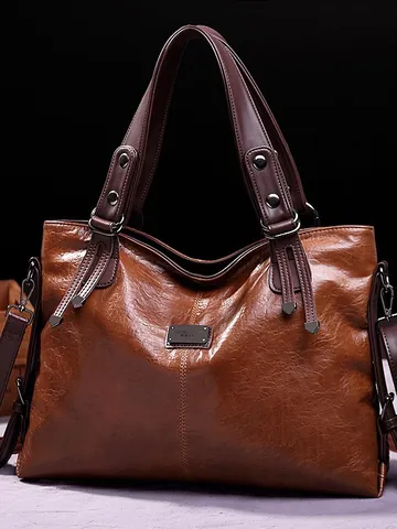 Vintage Large Capacity Tote Bag Oil Wax PU Leather Retro Shoulder Crossbody Purse Multi Pocket For Women