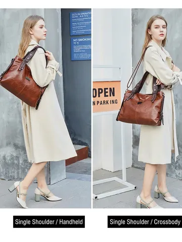 Vintage Large Capacity Tote Bag Oil Wax PU Leather Retro Shoulder Crossbody Purse Multi Pocket For Women