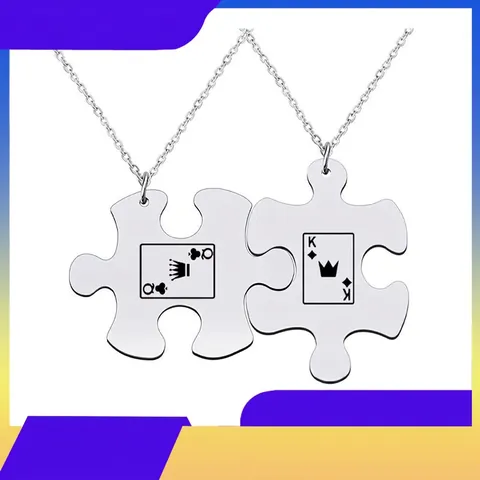 Puzzle Shape Matching Necklaces And Keychains Stainless Steel Poker King Queen Crown Pattern Fashion Jewelry For Couples Lovers