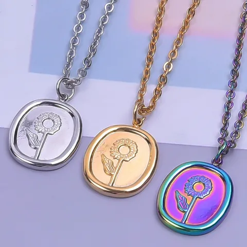 Collana con Pendente Ovale Floreale a Girasole in Acciaio Inossidabile Vintage Accessorio per Gioielli Fai-da-te Collana in Oro Argento Arcobaleno