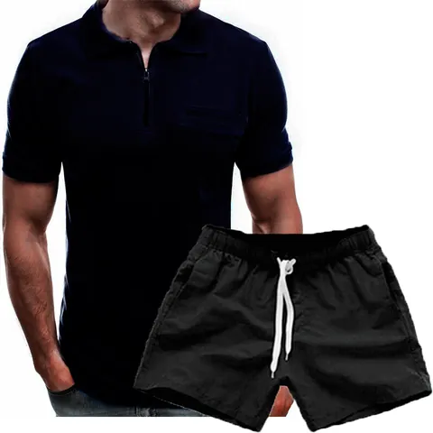 Heren Zomer Casual 2-Delige Set Katoenmix Halve Rits Polo Shirt Met Borstzak En Trekkoord Shorts Sportieve Outfit
