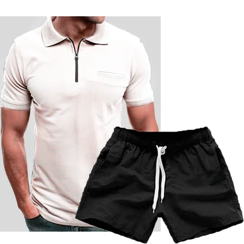 Heren Zomer Casual 2-Delige Set Katoenmix Halve Rits Polo Shirt Met Borstzak En Trekkoord Shorts Sportieve Outfit