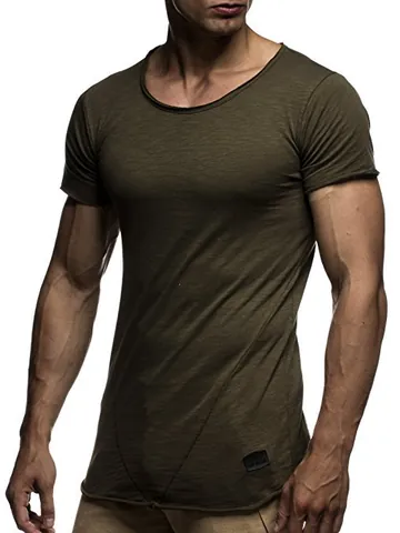 Men's Slim Fit Short Sleeve T-Shirt With Raw Edge Low Round Neck Slub Texture Cotton Blend Casual Muscle Tee Top