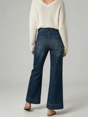 Women Wide Leg Jeans High Waist Denim Pants Washed Cuffed Casual Vintage Loose Fitting Trousers For Lady