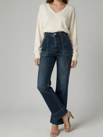 Women Wide Leg Jeans High Waist Denim Pants Washed Cuffed Casual Vintage Loose Fitting Trousers For Lady