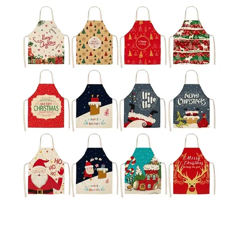 Tablier De Noël Mélange Lin Coton Sans Manches Sangle De Cou Anti-Taches Fête Cuisine Cuisine Dessin Animé