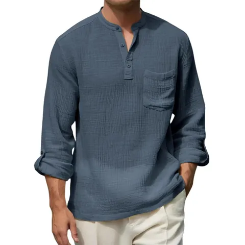 Camisa Henley Casual para Hombre Manga Larga Mezcla de Algodón y Lino Color Sólido Con Bolsillo y Mangas Enrollables
