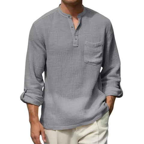 Camisa Henley Casual para Hombre Manga Larga Mezcla de Algodón y Lino Color Sólido Con Bolsillo y Mangas Enrollables