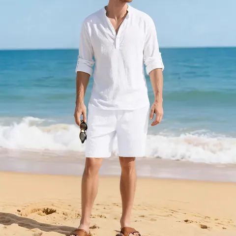 Herren Casual Baumwolle Leinen Outfits Henley Langarmshirt Und Shorts Urlaub Strand Kleidung Einfarbig Texturiert Sommeranzug