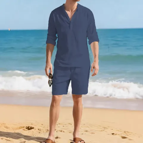 Herren Casual Baumwolle Leinen Outfits Henley Langarmshirt Und Shorts Urlaub Strand Kleidung Einfarbig Texturiert Sommeranzug