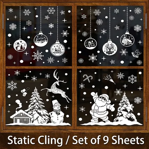 Weihnachtsfensterbilder Statische Aufkleber Weißes Rentier Weihnachtsmann Schneeflocken Doppelseitiges PVC Für Glasscheiben