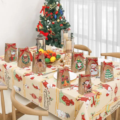 Kerst Kraftpapier Cadeautasjes Met Lint Sneeuwvlokpatroon Cartoon Kerstman Sneeuwpop Rendier Snoep Verpakking Voor Feestdagen