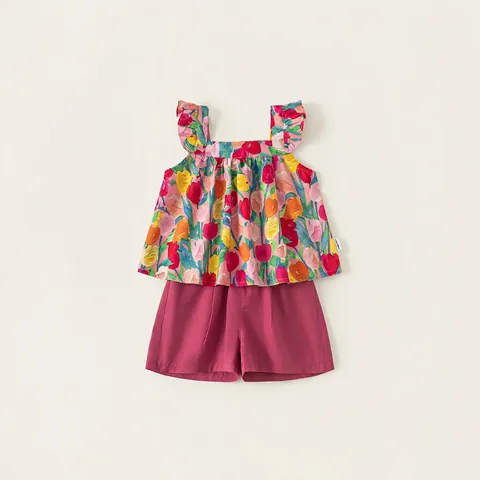 Girls Summer Floral Print Ruffle Sleeveless Top And Shorts Casual Cotton Top And Bottom Children Apparel